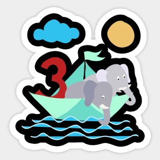 Elephants In Paper Boat Sea 3 Years Birthday Sticker